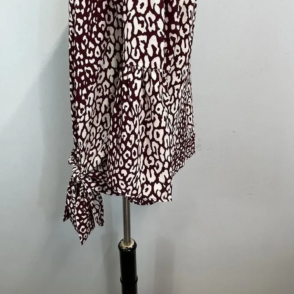 Michael Kors Blouse Tunic size Medium Burgundy Tan Leopard Lagenlook Peasant
